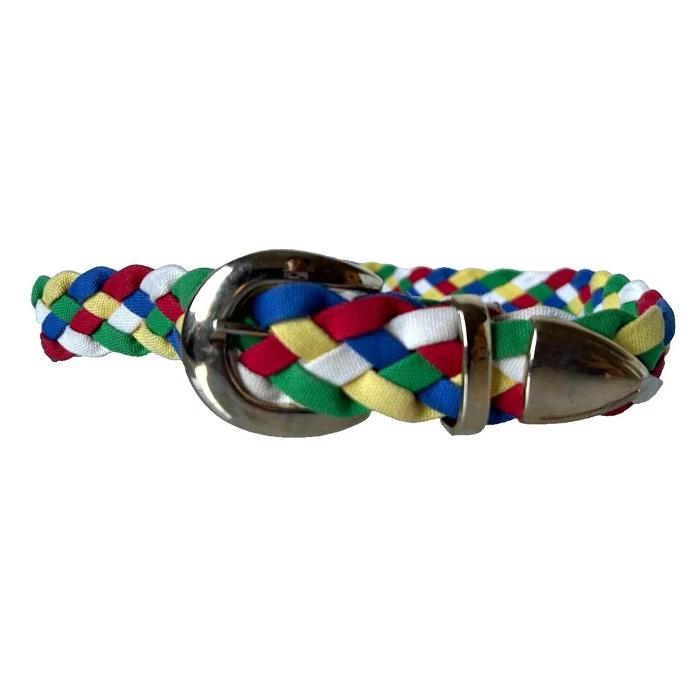 Vintage 70s-80s Belt Colorful Braided Fabric Metal Buckle Tip Waist 30-32 S VGUC